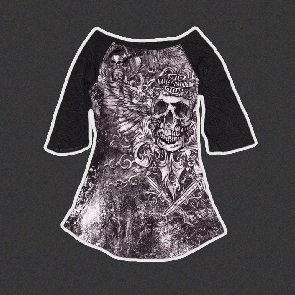 Harley-Davidson Black & White Skull Wing Graphic Long Sleeve Top